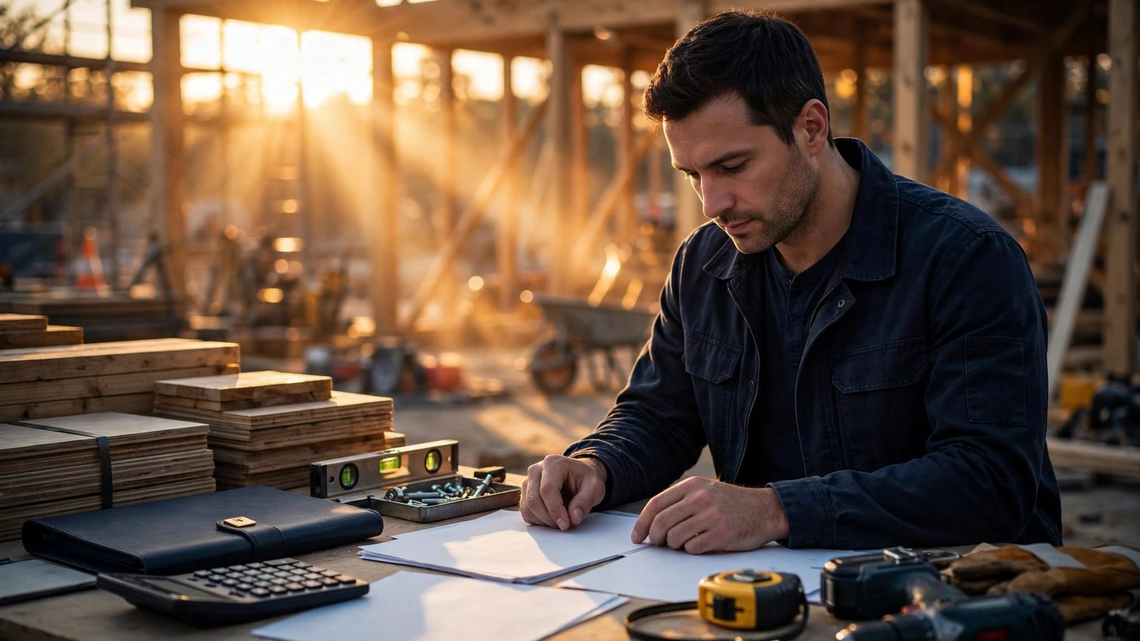 Contractor reviewing financial documents beside tools and building materials.
