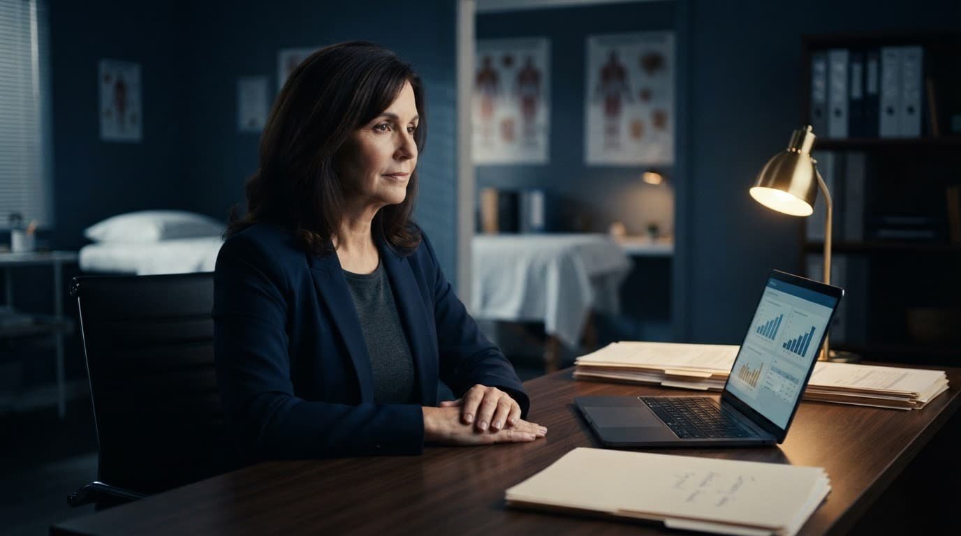 A healthcare practice owner reviews paperwork beside a laptop at a desk.