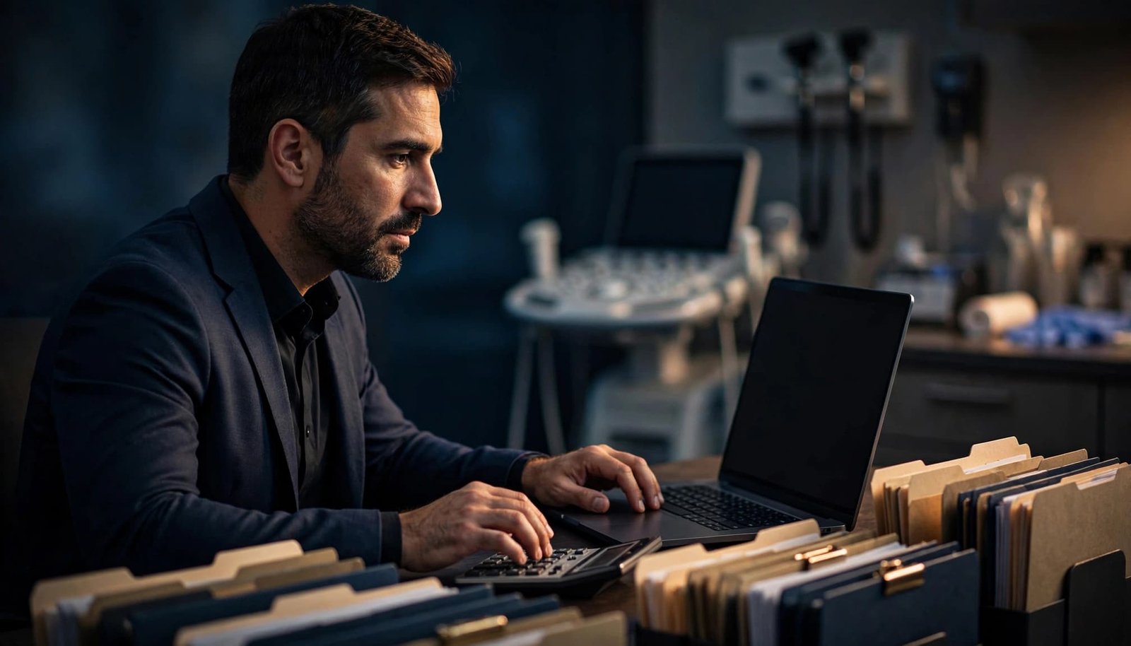 A business owner reviews finances on a laptop beside folders and a calculator.
