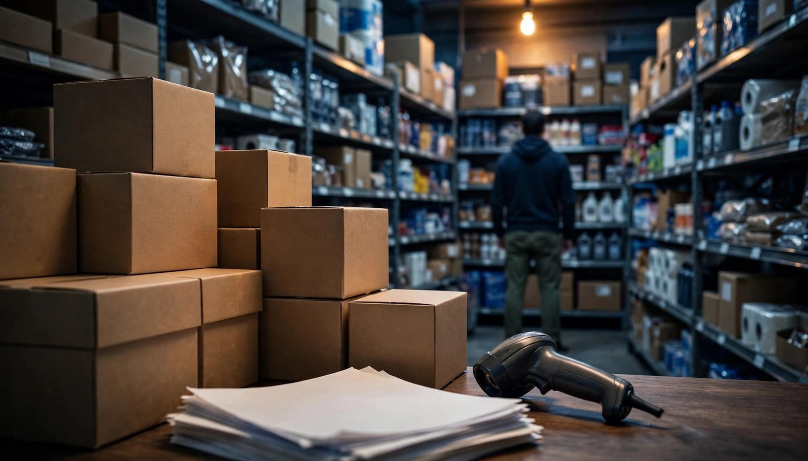 Cartons, a barcode scanner, and financial papers sit in a retail stockroom.