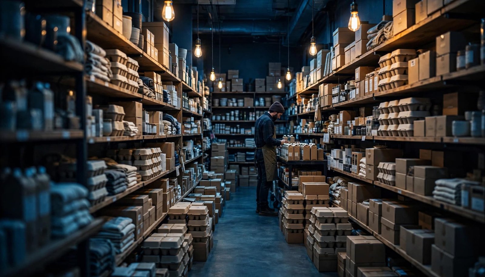 A shop owner checks shelves beside sealed cartons in a warmly lit aisle.