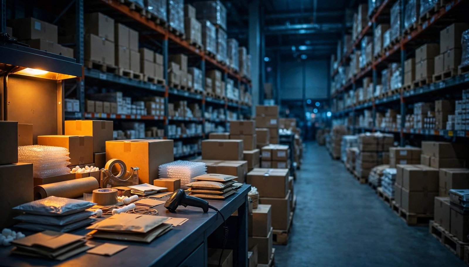 Warehouse aisle with stocked shelves, a barcode scanner, boxes, and shipping parcels.