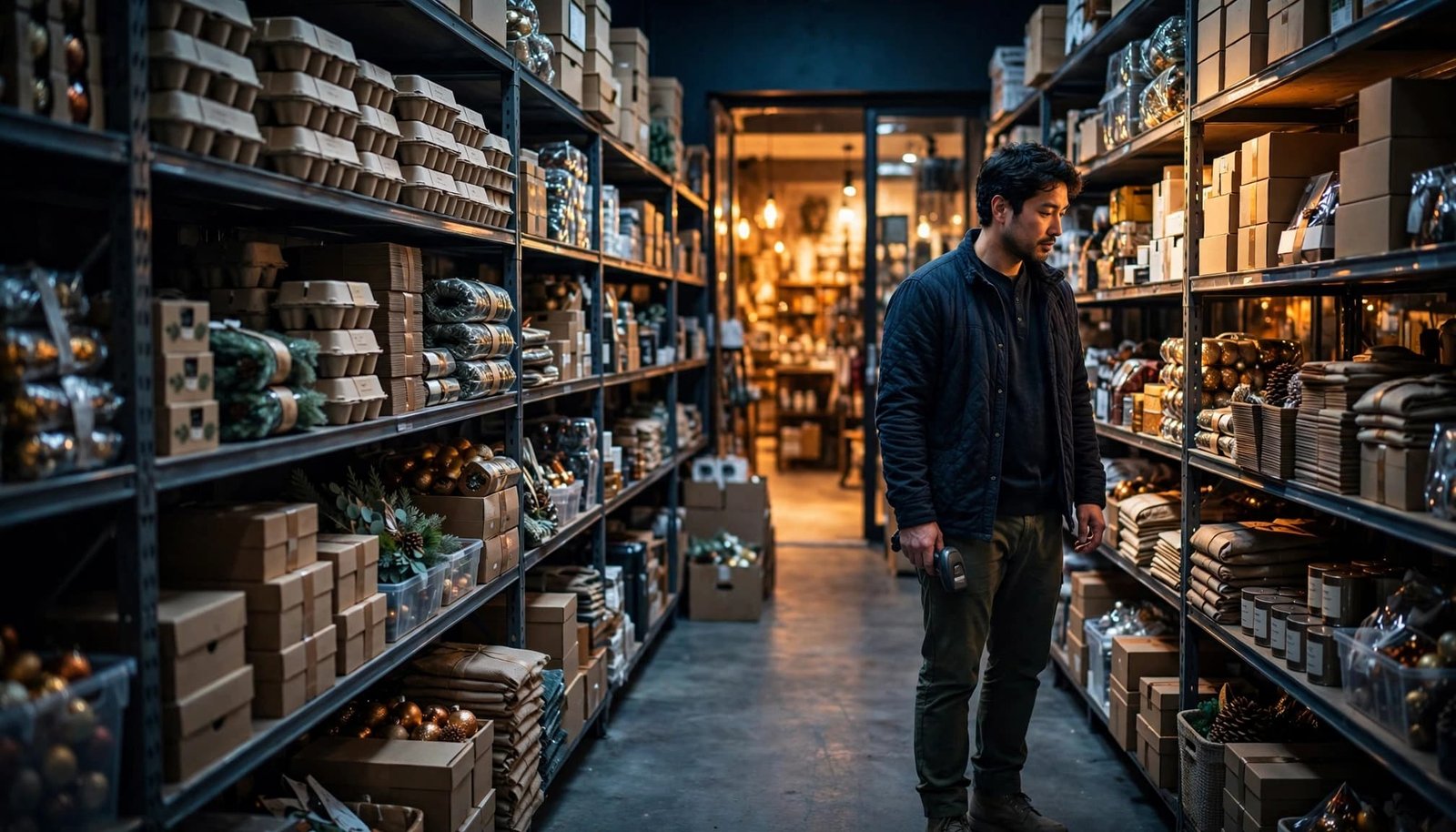 A shop owner stands among stocked shelves, holding a scanner beside a warmly lit entrance.
