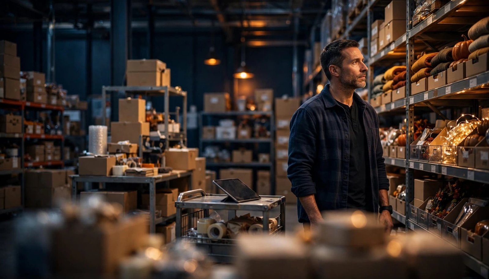 A business owner inspects seasonal stock beside shelves and a tablet in a warmly lit warehouse.