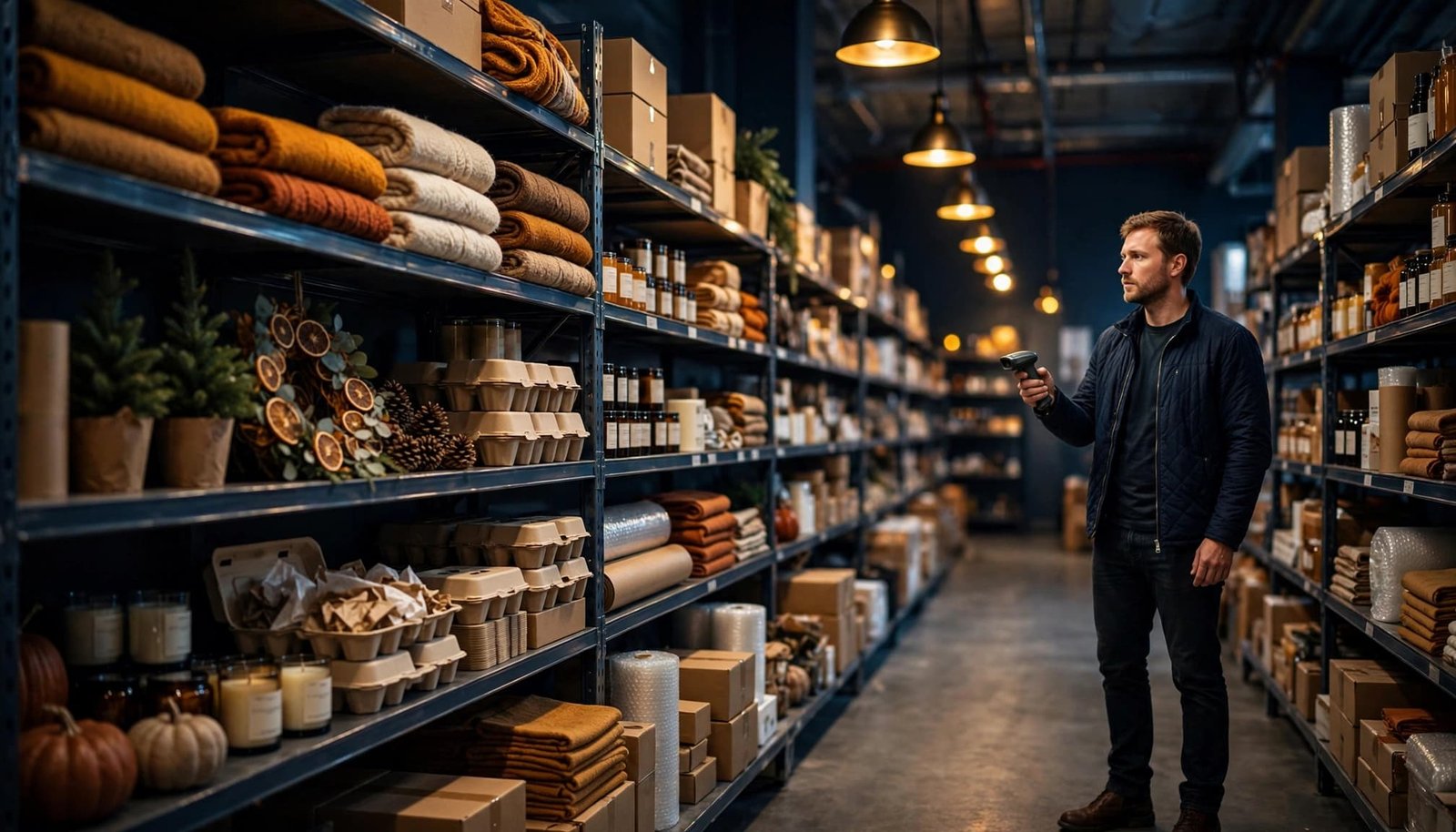 A business owner checks boxed inventory on organized warehouse shelves.