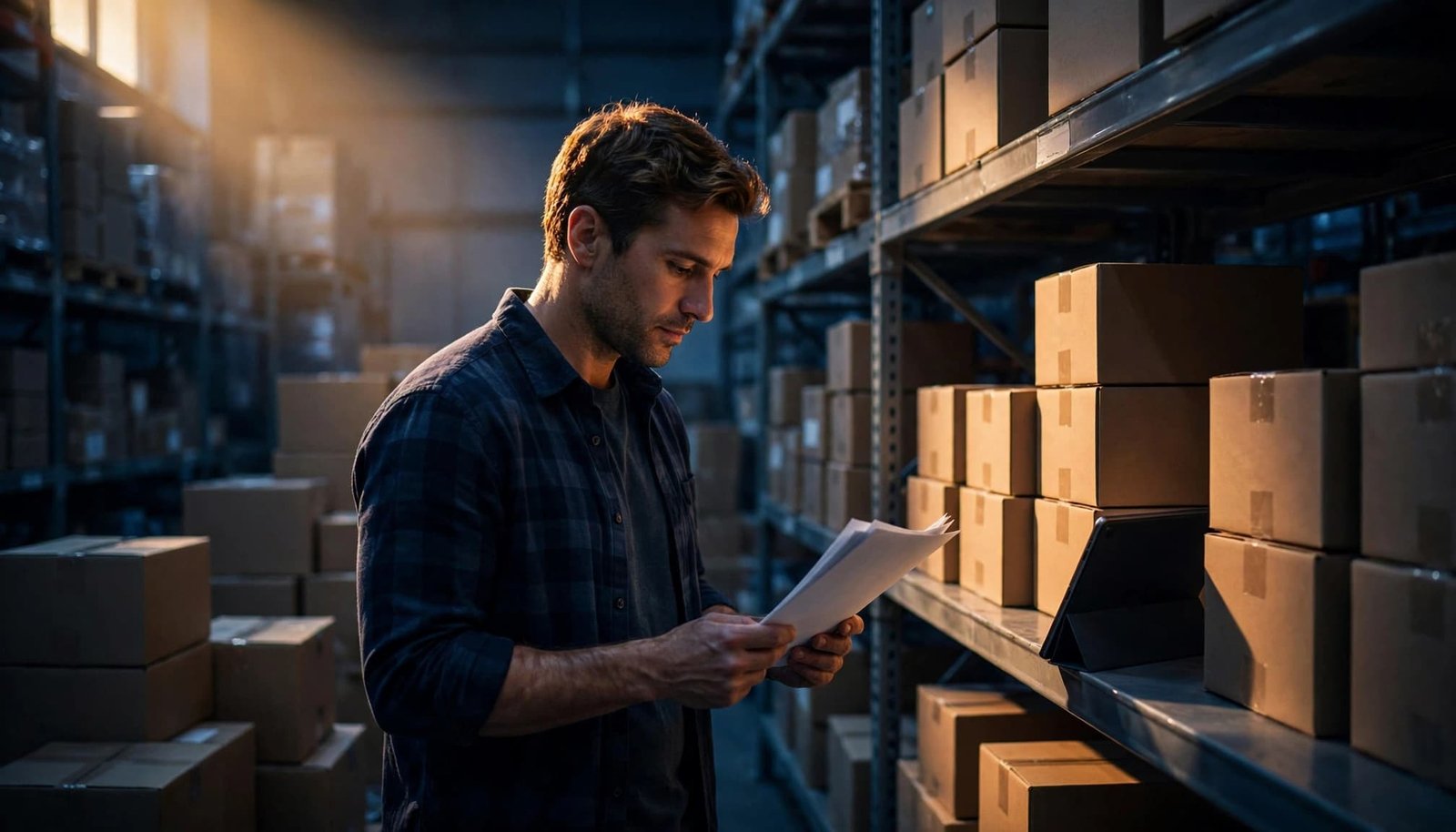 A business owner reviews paperwork beside warehouse shelves and shipping cartons.