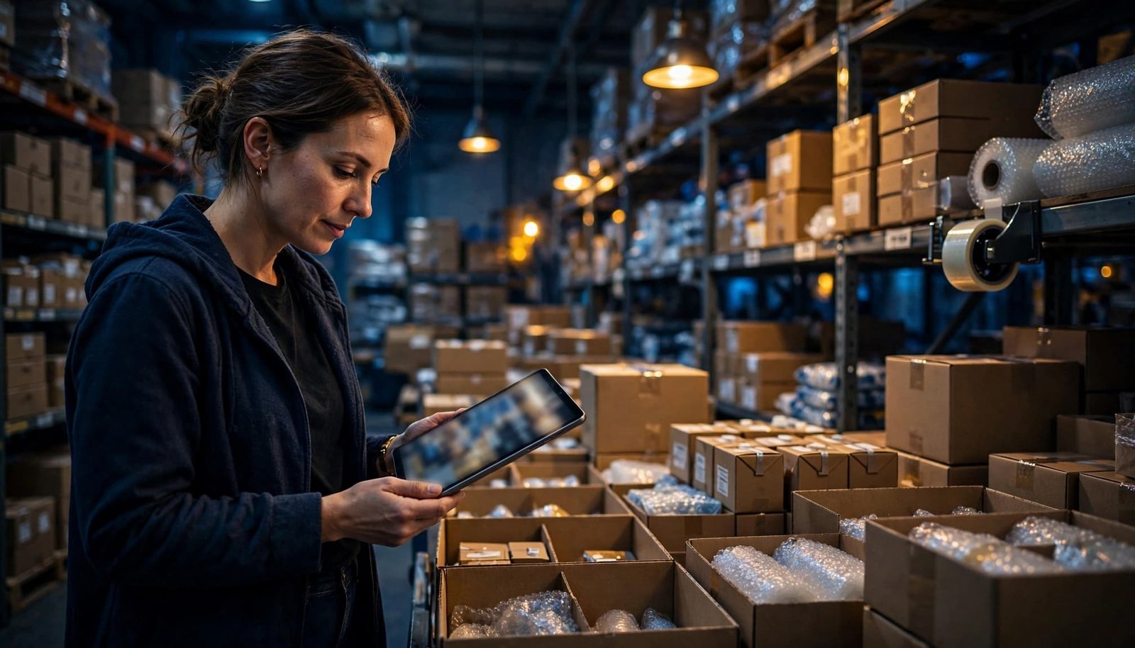 A woman inspects boxed inventory with a tablet in a warmly lit warehouse.