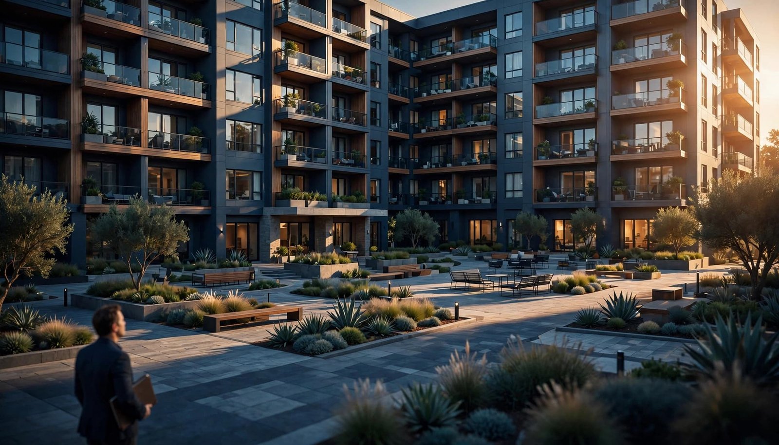 A person standing in the courtyard of a modern apartment building at sunset.