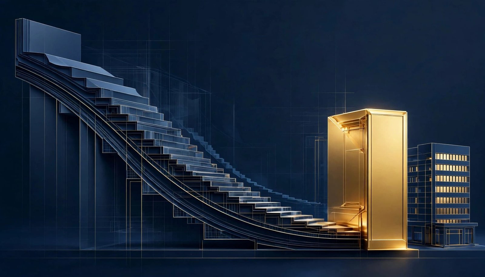 A dark navy architectural illustration with a downward staircase ending at a gold block and a building.