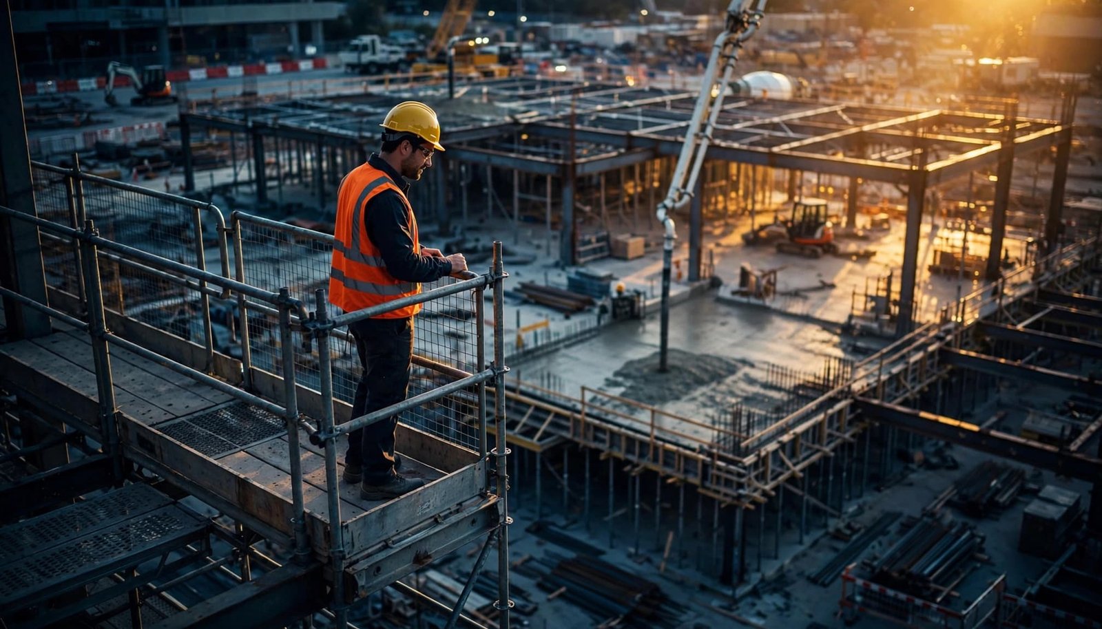 A contractor surveys steel framing and a concrete pour from an elevated walkway.