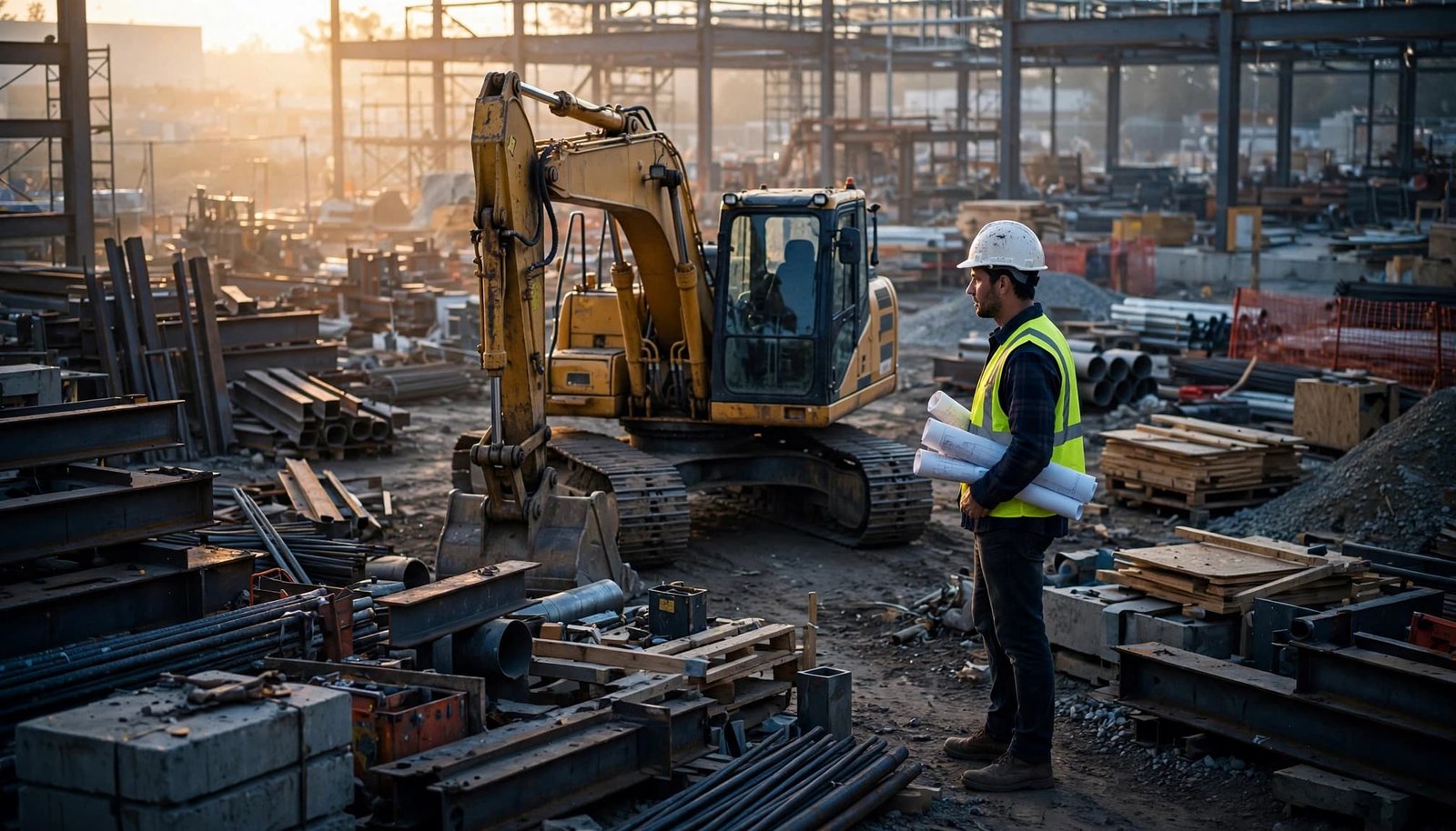 A contractor in a hard hat holding blueprints stands at a busy construction site with an excavator.