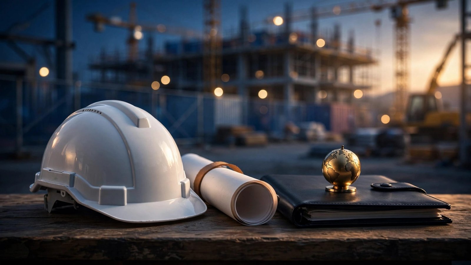 A hard hat, blueprints, document folder, and globe-shaped paperweight rest on a workbench.