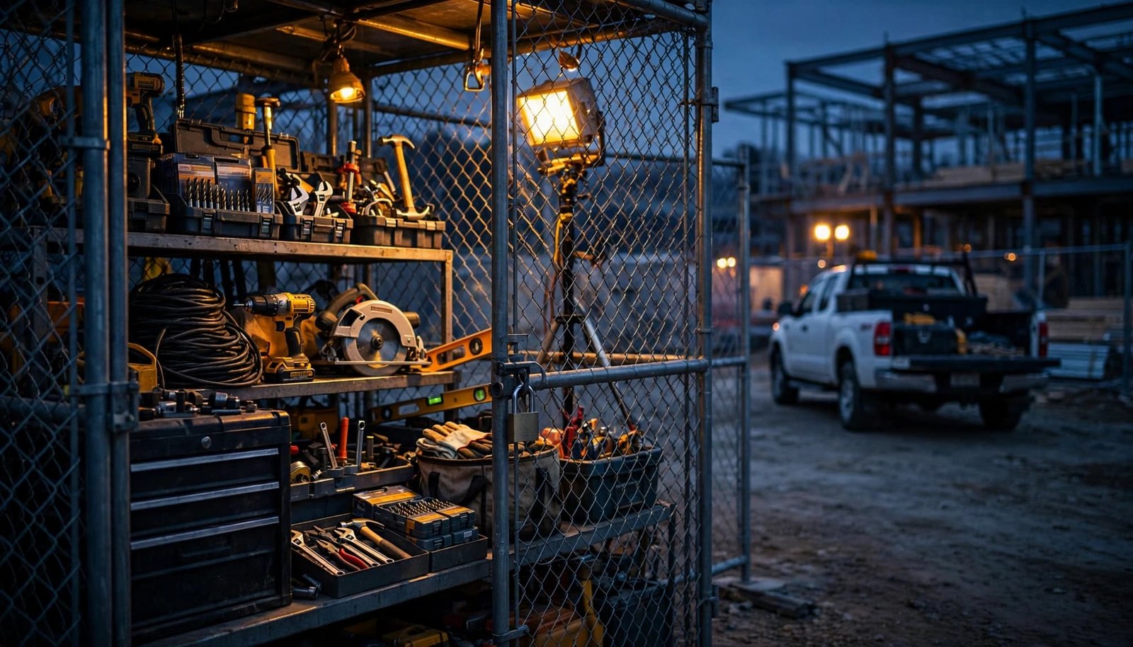 Tools and equipment stored securely inside a caged shelving unit at a construction site at dusk.