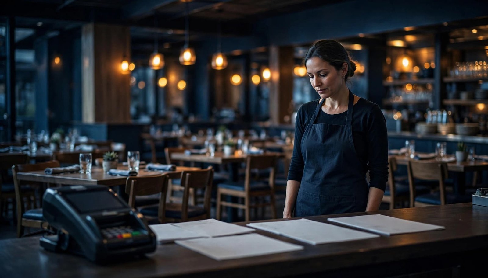 A restaurant owner stands behind the counter beside a payment terminal and pricing papers.