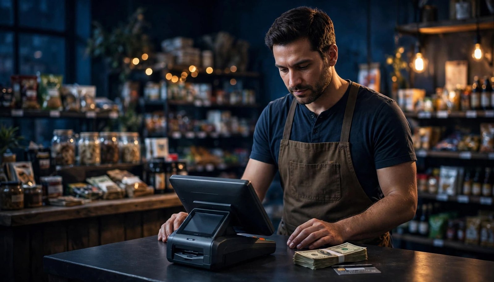 A shop owner compares cash and card amounts beside a payment terminal.
