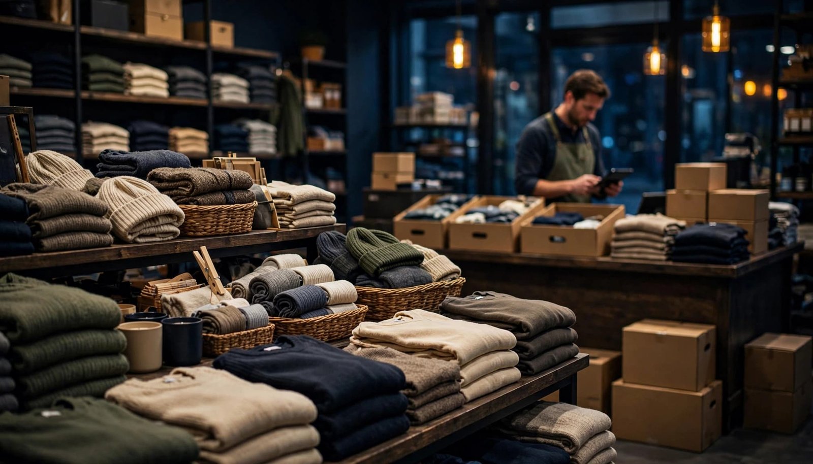 A store owner checks a tablet in a boutique with folded apparel on shelves.