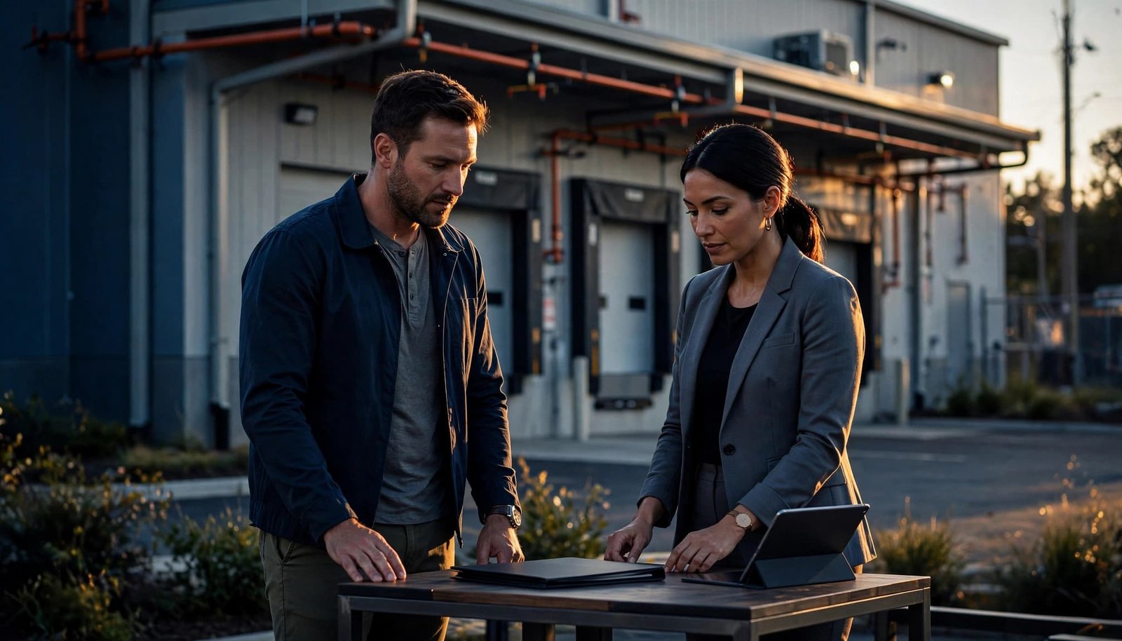 Two people standing by a table outdoors reviewing documents in front of a commercial warehouse.